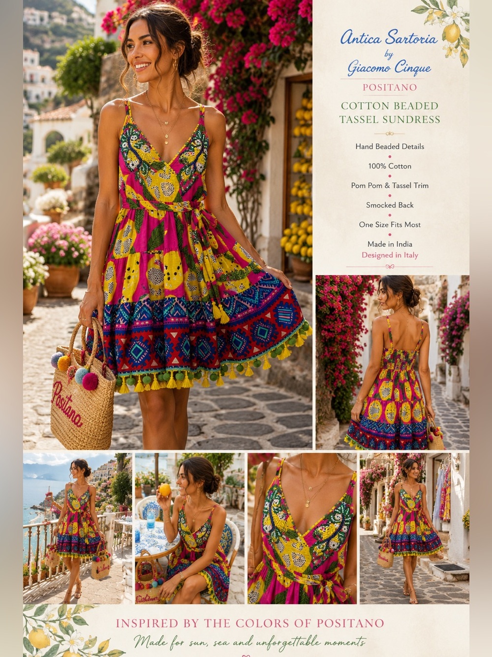 Antica Sartoria Positano Beaded Cotton Tassel Sundress One Size
